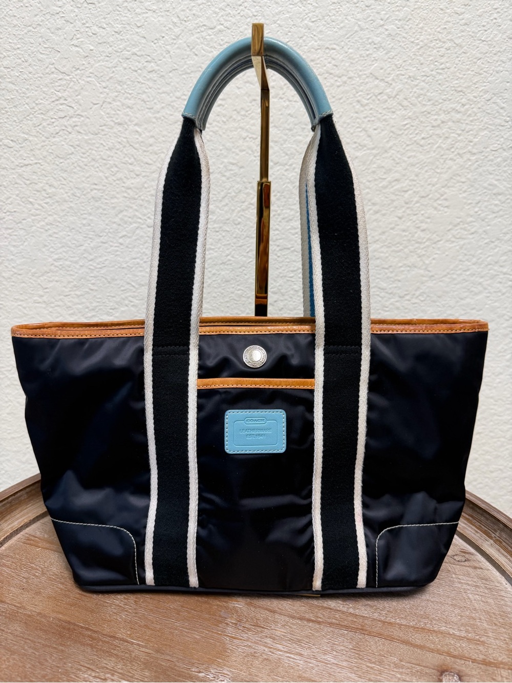 Coach Navy Nylon Tote with Tan Trim and Blue Accents